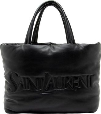 Saint Laurent Black Leather Puffed Logo Shopping Tote (Authentic Pre-Loved)