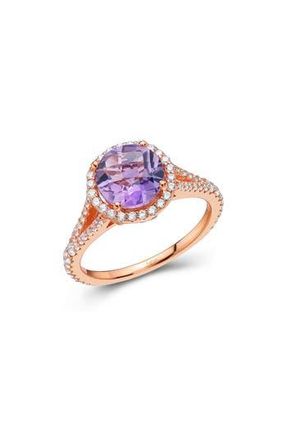 Lafonn Rose Gold Plated Sterling Silver Round Cut Amethyst & Simulated Diamond Halo Split Shank Ring in White/Amethyst at Nordstrom Rack, Size 7