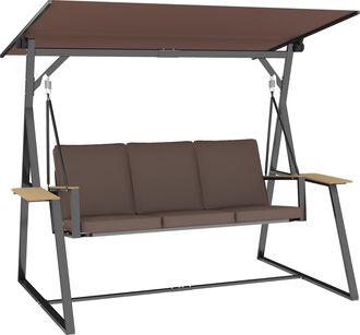 OUTSUNNY Columpio De Jard&iacute;n De 3 Plazas Con Techo Ajustable Upf50+, 2 Bandejas, Cojines Y Marco De Metal, Para Terraza, Carga 360 Kg, 222x131x175 Cm