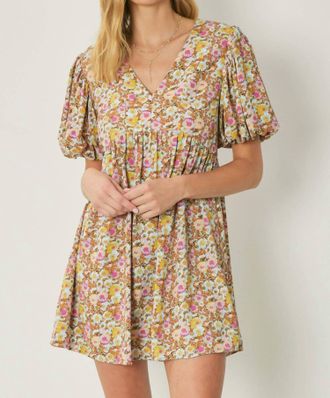 Entro Floral Puff Sleeve Dress In Peach
