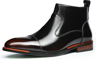 Generic Mens Patent Leather Short Boots Low Block Heel Formal Boots Round Toe Ankle Boot with Side Zipper,Brown,7.5 UK