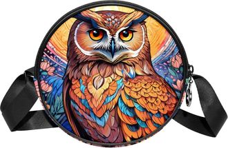 Generic Circle Crossbody Bag for Women, Color Drawing Owl Small Sling Bag Daypack with Zipper Adjustable Shoulder Straps Casual Ladies Girls Round Purse