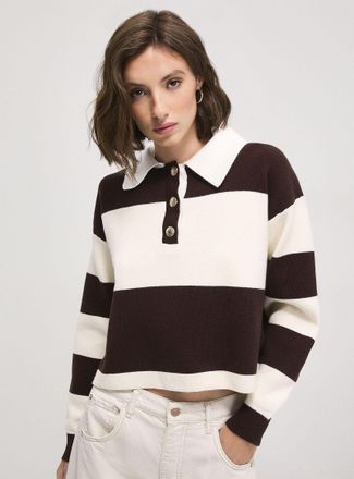Icone Womens Golden buttons polo collar striped cropped sweater