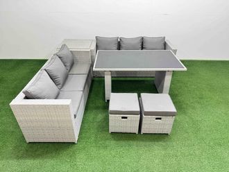 Fimous 8-seater Patio Rectangular Table Sofa Set with Side Table 2 Stools in Light Grey