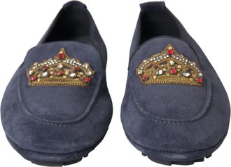 Dolce & Gabbana Blue Leather Suede Crystal Crown Loafers Mens Shoes