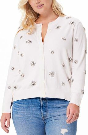 Minnie Rose Embellished Flower Cotton & Cashmere Cardigan in White at Nordstrom, Size 1X