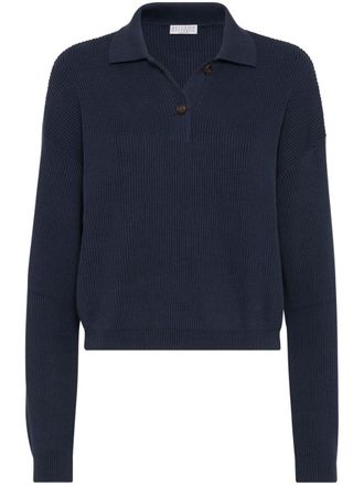 Brunello Cucinelli ribbed-knit cotton polo shirt - Blue
