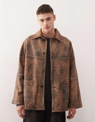 Reclaimed Vintage Giacca taglio lungo in vera pelle marrone effetto invecchiato