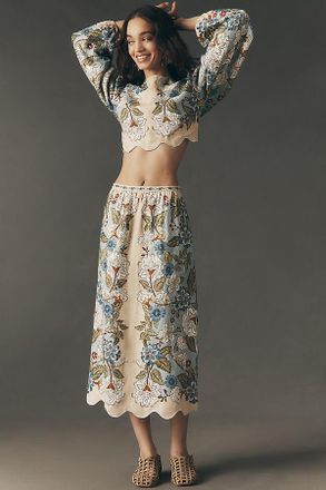 Farm Rio Garden Scalloped Linen Midi Skirt