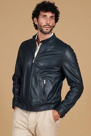 D'Arienzo Giacca in pelle traforata blu nappa effetto liscio DArienzo, Seleziona Taglia 44, Colore Blu