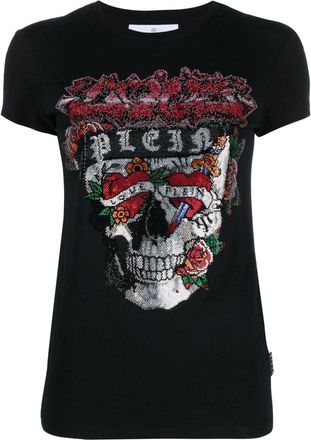 Philipp Plein rhinestone-embellished short-sleeve T-shirt - women - Polyester/Spandex/Elastane - M - Black