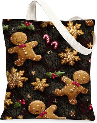 Generic Christmas Gingerbread Canvas Tote Bags, Holiday Design Reusable Grocery Bags, Vintage Lightweight Washable Shoulder Strap F, Black, 13x15 Inch