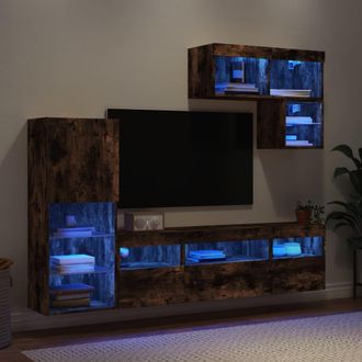vidaXL Muebles Tv Pared Con Led 6 Pzas Madera Ingenier&iacute;a Roble Ahumado Vidaxl