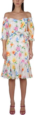 Moschino Off Shoulder Flower Chin&eacute; Jurk - Dames - Casual kleedjes - Veelkleurig - M - Katoen - Kleedjes