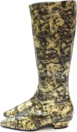 Chanel CC Gold Leather Riding Boots Size 40