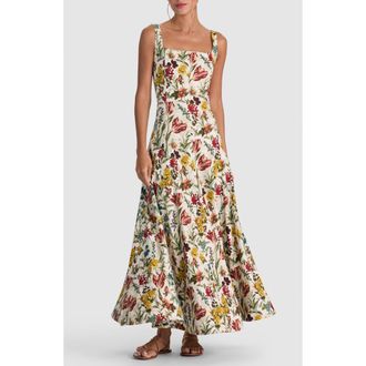 Alice & Olivia Polly Floral Linen Blend Maxi Dress in Desert Sprigs Vanilla at Nordstrom, Size 10