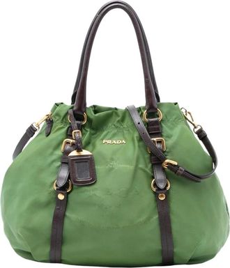 Prada Pre-owned Handbags, female, Green, Size: ONE SIZE Pre-owned Tessuto Tote Bag with Leather Trim