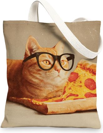 Generic Cat Pizza Canvas Tote Bag, Funny Reusable Grocery Bags, Lightweight Creamy Shoulder Strap Bags, Creamy, 13x15 Inch
