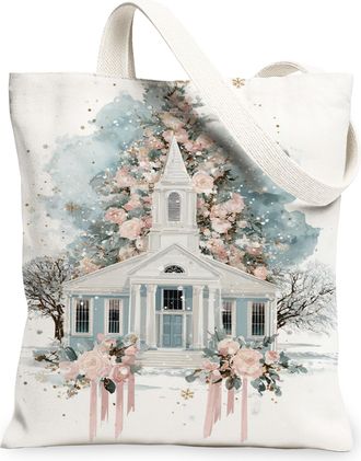 Generic Winter Floral Canvas Tote Bags, Vintage Church Pattern Reusable Grocery Bags, Lightweight Washable Shoulder Strap Canvas Fo, White, 13x15 Inch