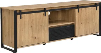 Vente-Unique Mueble TV con 2 puertas correderas, 1 caj&oacute;n y 1 hueco en MDF y metal negro - Natural - BELINARO