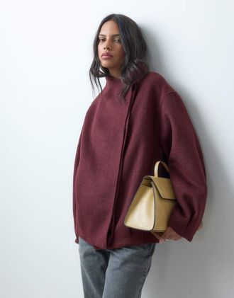 Asos cappotto formale corto con collo a cascata in lana bordeaux-Rosso