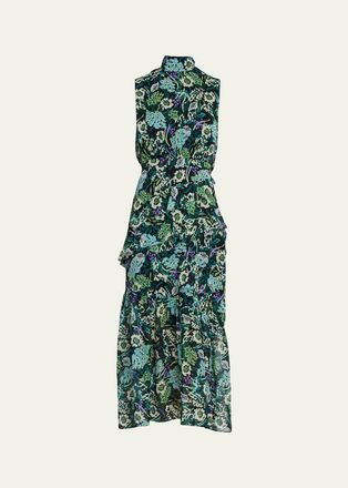 Saloni Fleur Silk Sleeveless Tiered-Ruffle Midi Dress