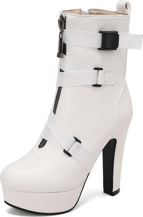 Generic Womens Multi Strap Buckle Ankle Boots PU Leather Round Toe High Block Heels Platform Zip Closure Pull Tab Stylish Durable Design,White,4.5 UK