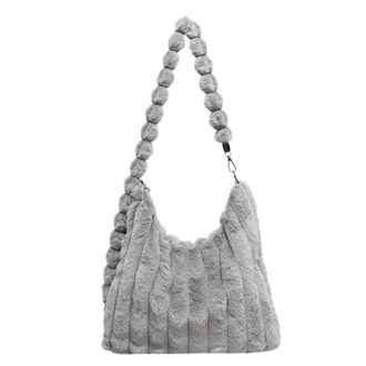 Generic Womens Plush Bags Large Capacity Plush Bag Womens Commuter Shoulder With Pendant Fluffy Tote(GRAY)
