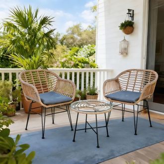 Home Source Industries Bistro Set Natural Wicker Frame Black Steel Leg Glass Tabletop Outdoor
