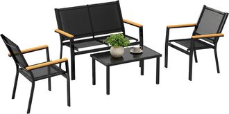 OUTSUNNY Conjunto Jard&iacute;n Exterior De 4 Piezas Con Sof&aacute; De 2 Plazas, 2 Sillones, Mesa De Cristal Templado, Tela Textilene, Reposabrazos Anchos, Negro