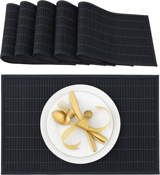 Relaxdays 18 Salvamanteles Para La Mesa Del Comedor, Bamb&uacute;, 30 X 45 Cm, Conjunto De 6 Piezas, Lavable, Negro