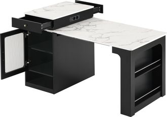STILVORA Mesa De Comedor Extensible Para 4 Personas Con 1 Caj&oacute;n, Estantes Ajustables Y Enchufes, En Mdf Y Vidrio