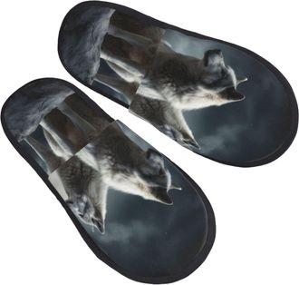 Generic Fluffy Slippers Wolf At Night Unisex Slipper Portable Anti-Slide Slipper For Bedroom Travel Winter M