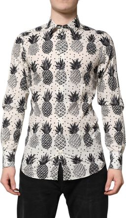 Dolce & Gabbana Mens White Pineapple Print Long Sleeve Gold Shirt Cotton