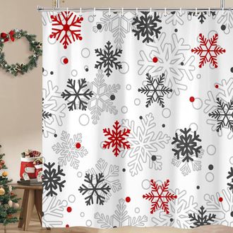 OEM Cortina De Ducha Impermeable Con Estampado De Copos De Nieve Rojos Navide&ntilde;os, 72 X 72 Pulgadas, Con Ganchos, Decoraci&oacute;n Navide&ntilde;a De Invierno - Compati
