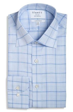 Stantt Contemporary Fit Check Wrinkle Resistant Cotton Dress Shirt in Blue/White at Nordstrom, Size 19 - 36