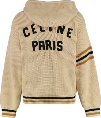 Celine Mens Hooded Zip Sweatshirt Beige Cotton Knitwear Sweater