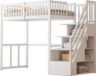 STILVORA Cama Alta Individual Con Escalera De Almacenaje Y Escritorio 90&times;200 Cm, Sin Colch&oacute;n, De Madera, Blanca