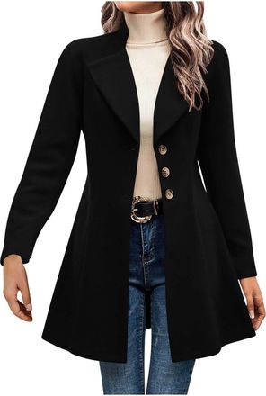Generic Womens Winter Wool Coat Ladies Elegant Lapel Jackets Windproof Slim Fit Long Overcoat Breasted Stand Collar Pea Coat Long Sleeve Open Front Cardigan W