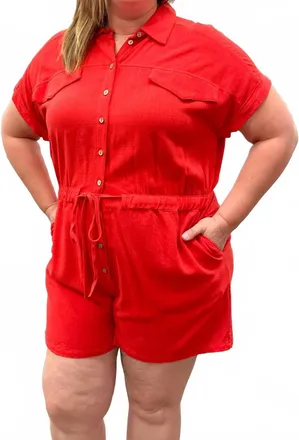 She + Sky Stef Linen Romper In Red