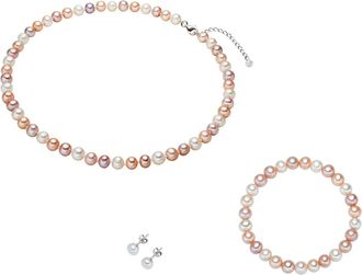 Lulu & Jane Womens luluandjane Female Fresh Water Cultured Pearl(s) Set (Bracelet + Necklace + Earring) - Multicolour Sterling Silver - One Size