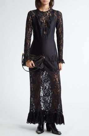 Paco Rabanne Floral Lace Long Sleeve Satin Maxi Dress in Black at Nordstrom, Size 8 Us
