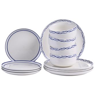 Beliani Vajilla De 12 Piezas De Porcelana Acabado Esmaltado Con Borde Decorativo Para 4 Personas Hecho A Mano Comedor Cocina Blanco Y Azul Amchur