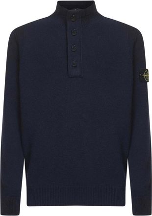 Stone Island Blauwe Gebreide Polo met Ritssluiting - Heren - Coltruien - Blauw - L - Wol - Truien & Vesten