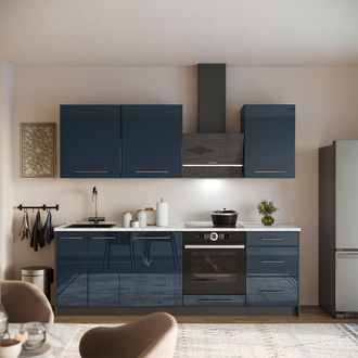 Vicco Mueble De Cocina Fame-line, Azul Oscuro Alto Brillo/antracita, 230 Cm, Et M&aacute;rmol, Vicco