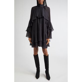 Veronica Beard Adlington Ruffle Detail Long Sleeve Silk Chiffon Dress in Black at Nordstrom, Size 2