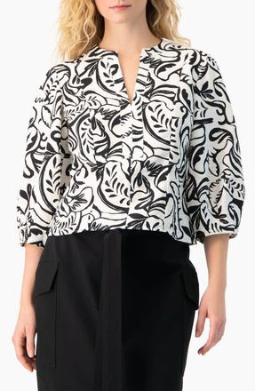 Ivonne Graphic Brushstroke Floral Woven V-Neck Blouse in White at Nordstrom, Size 12