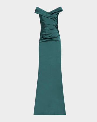 Teri Jon Pleated Off-Shoulder Satin Column Gown