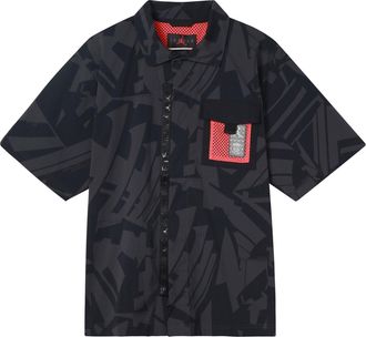 Nike Jordan Mens Air Jordan Logo Full Print Chest Zipper Cardigan Short Sleeve Black Shirt DM3109-010