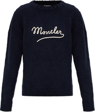 Moncler Embroidered Logo Cotton-Blend Sweater - Dames - Ronde hals truien - Blauw - XS - Katoen - Truien & Vesten